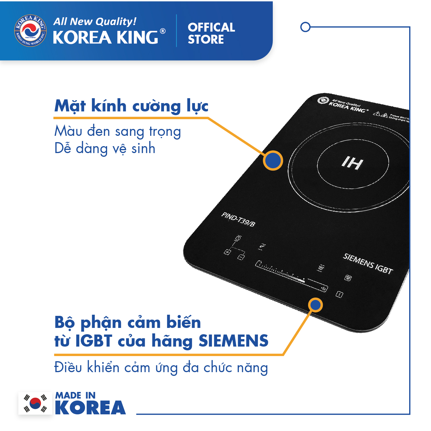 Bếp điện từ Korea King PIND-T39B (bếp đơn, mặt kính cường lực, công suất 2000W ) - Hàng chính hãng