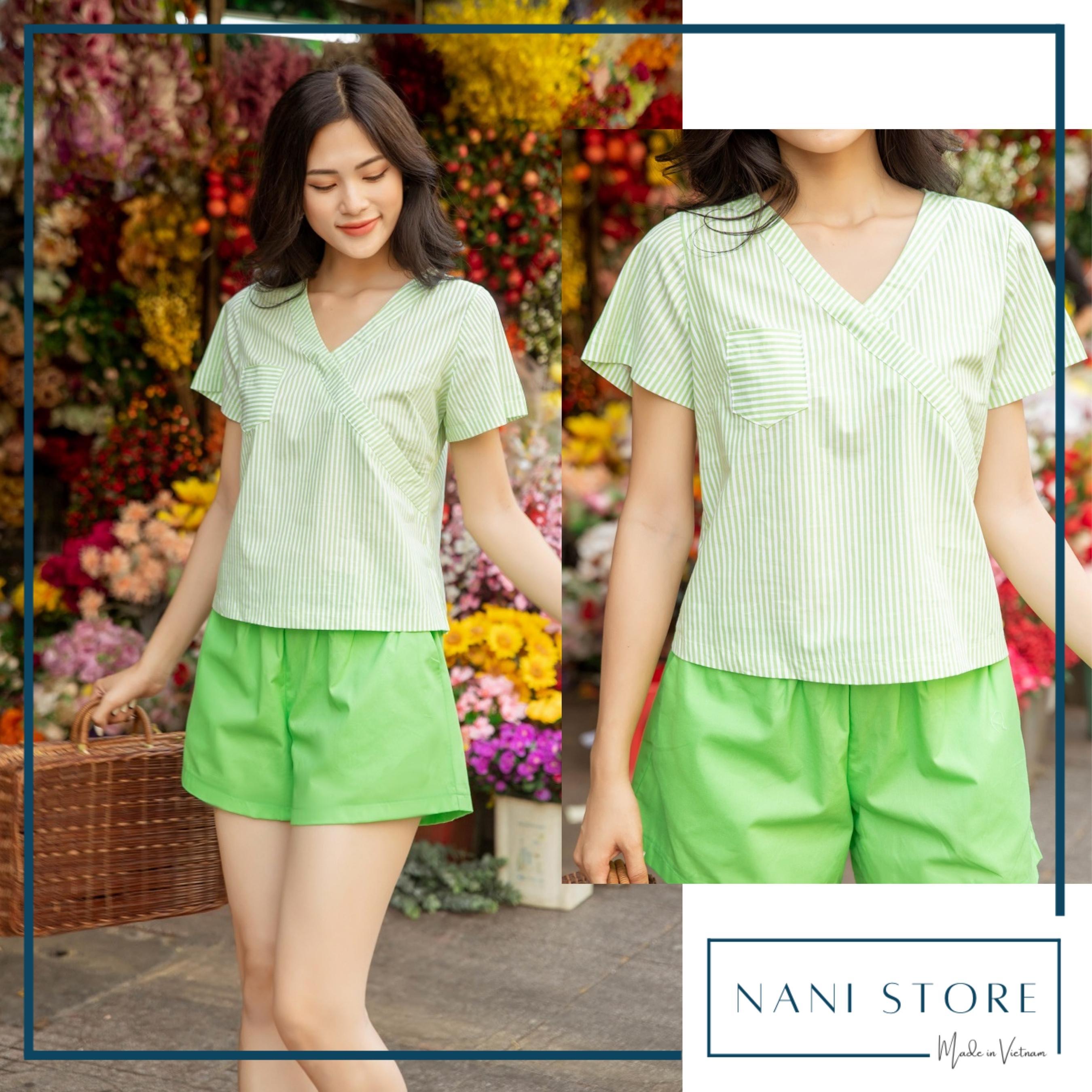 Đồ bộ đùi có tay sọc xanh lá quần trơn