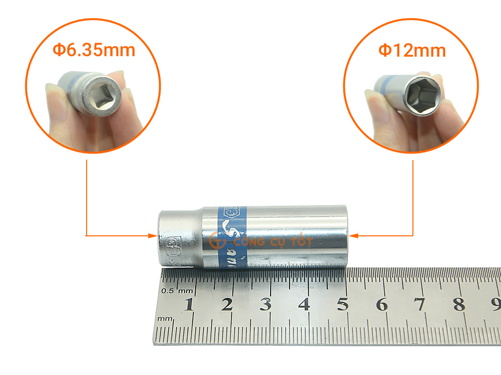 Đầu tuýp lục giác dài 1/4" 12mm xanh