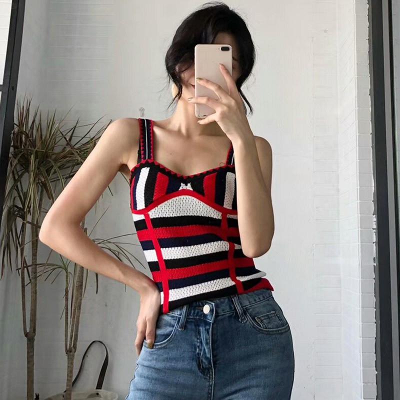 Áo dệt kim cộc tay cổ chữ V họa tiết kẻ sọc thời trang nữ