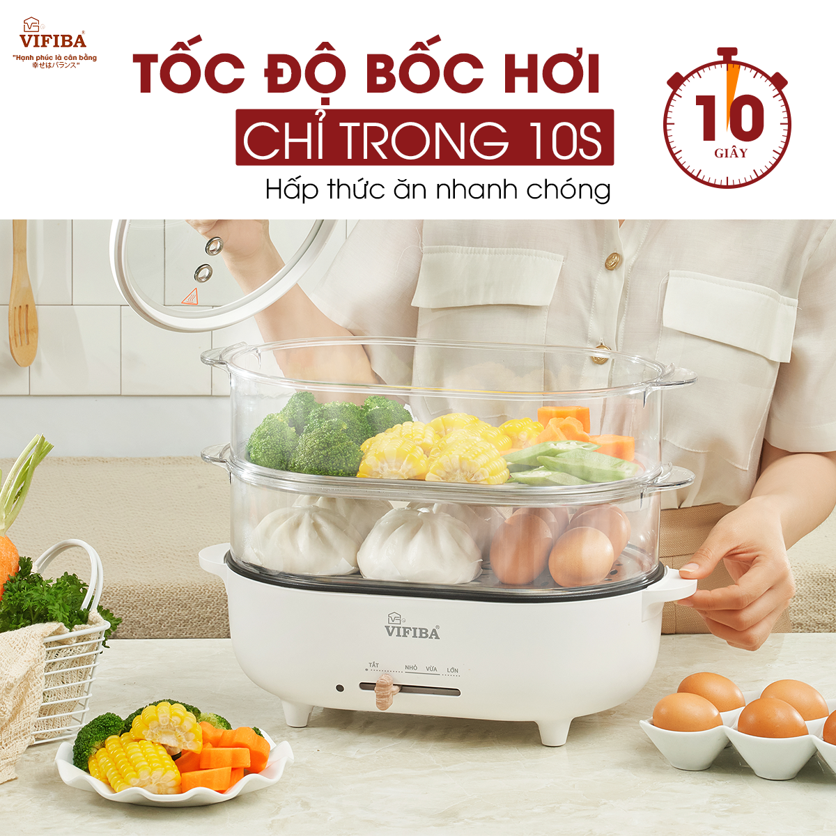 Nồi Lẩu Điện Hấp 2 Tầng Hàng Chính Hãng VIFIBA, Dung Tích Nấu 15L, Công Suất 1000W - Nấu Siêu Nhanh, Điều Chỉnh Nhiệt Độ