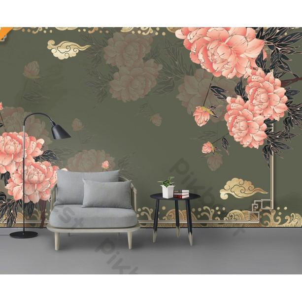 Tranh dán tường Hoa mẫu đơn cổ điển phong cách Châu Âu, tranh dán tường 3d hiện đại MS1278175