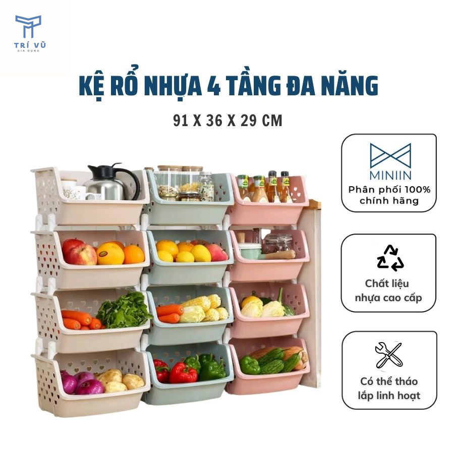 Kệ Rổ Nhựa 4 Tầng Đựng Đồ Đa Năng Cao Cấp - Ko Nắp Có Lỗ Thông Thoáng - Nhà Bếp, Phòng tắm, Phòng Ngủ Đều Để Được- Hàng Chính Hãng MINIIN