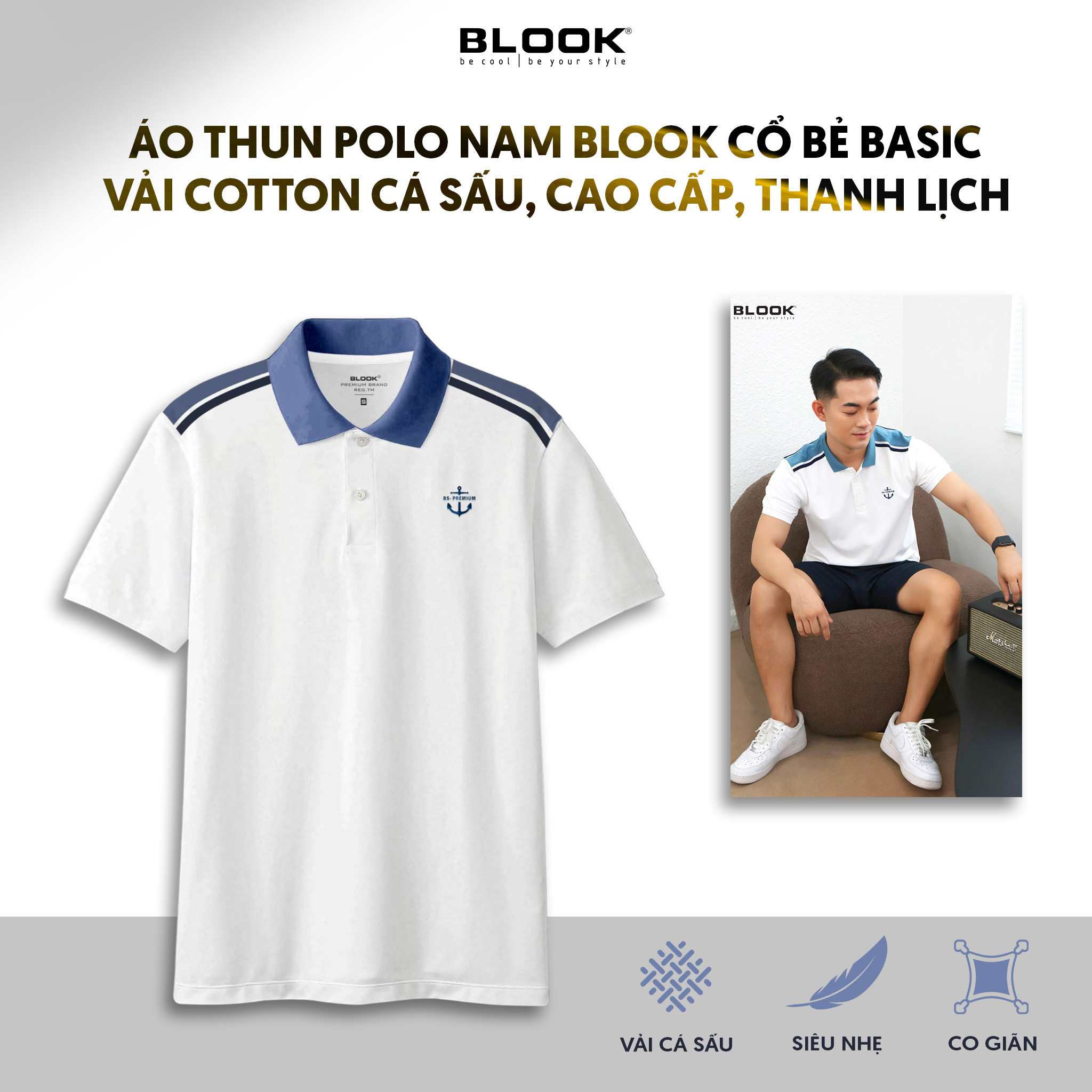 Áo polo nam BLOOK phối họa tiết chất vải cotton, Poly co giãn không nhăn thấm hút nhanh form slimfit 35619