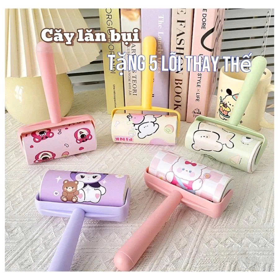 Cây lăn bụi kèm 6 lõi lăn thay thế -  Lăn bụi ga đệm, quần áo nhiều màu sắc.