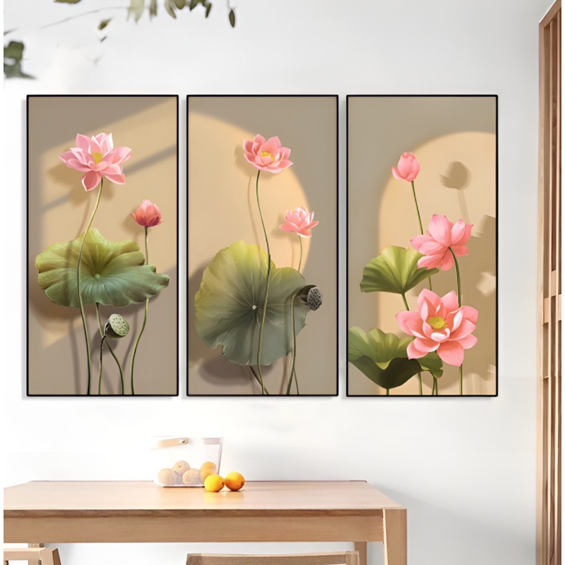 Tranh treo tường hoa sen hồng 6 bộ 3 tranh tráng gương cao cấp kèm đinh treo