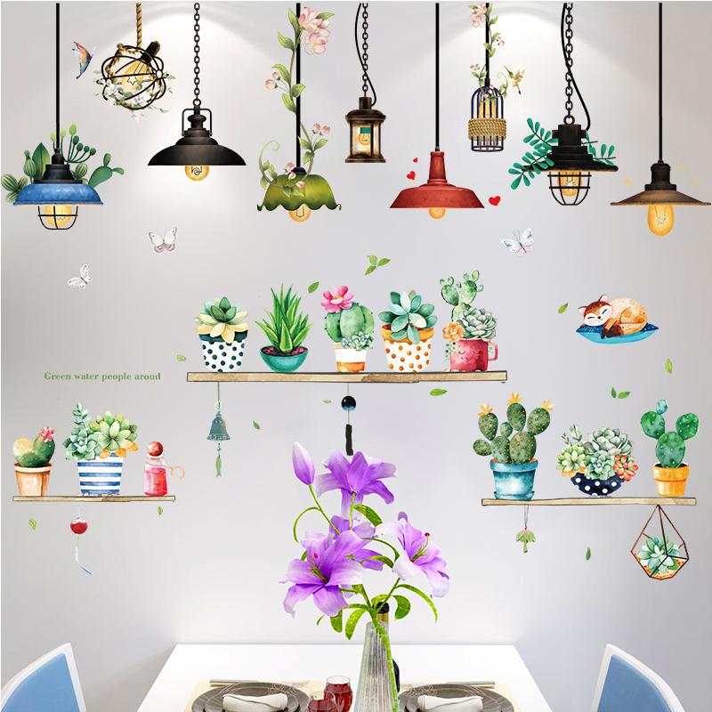 DECAL DÁN TƯỜNG CHÙM ĐÈN FLOW LIGHT VÀ CHẬU CÂY XƯƠNG RỒNG