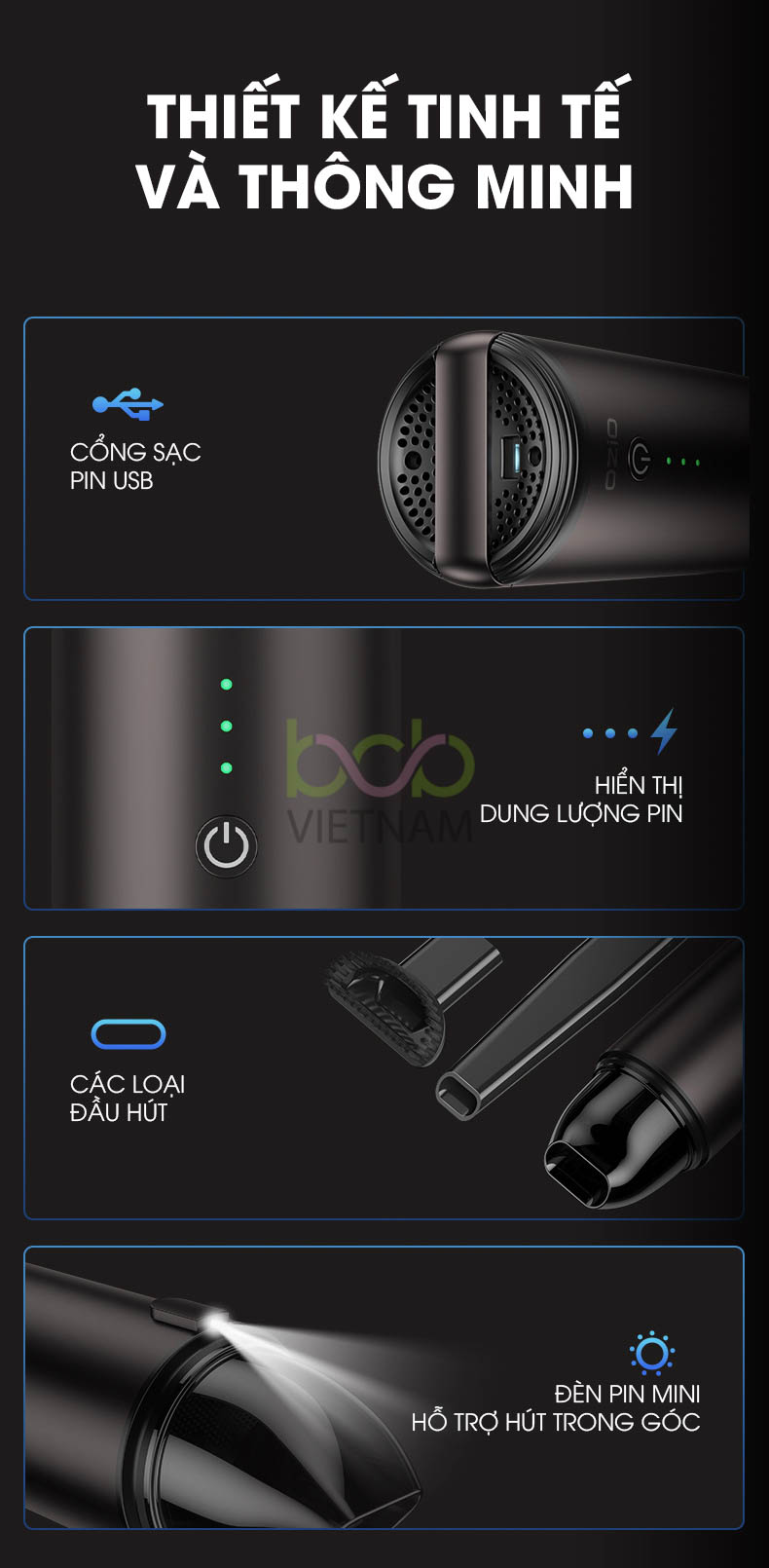 Máy Hút Bụi Ô Tô Không Dây Tiện Lợi Dung Lượng Pin 4000mah Lực Hút Siêu Mạnh Sạc USB