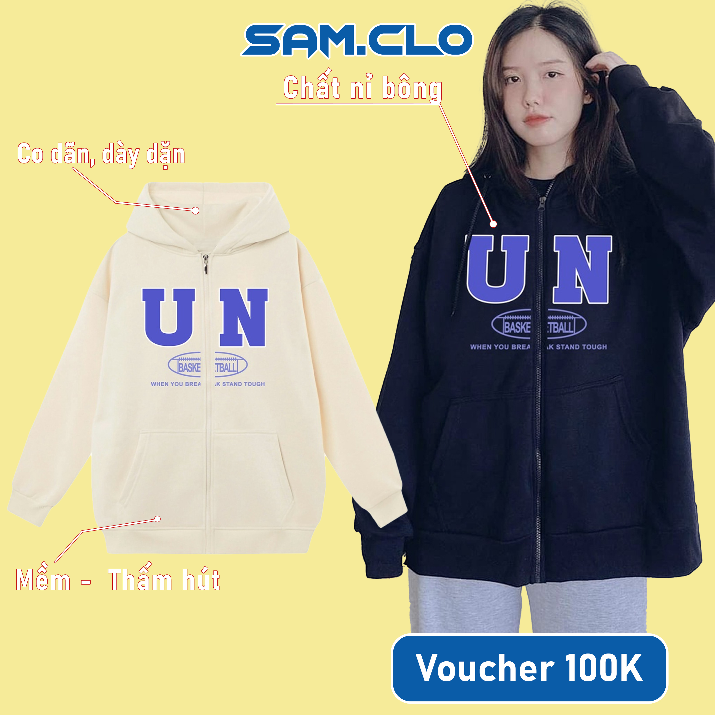 Áo khoác Hoodie Zip SAM CLO nam nữ có mũ khóa kéo chất tay dài thu đông form rộng ZIP UN