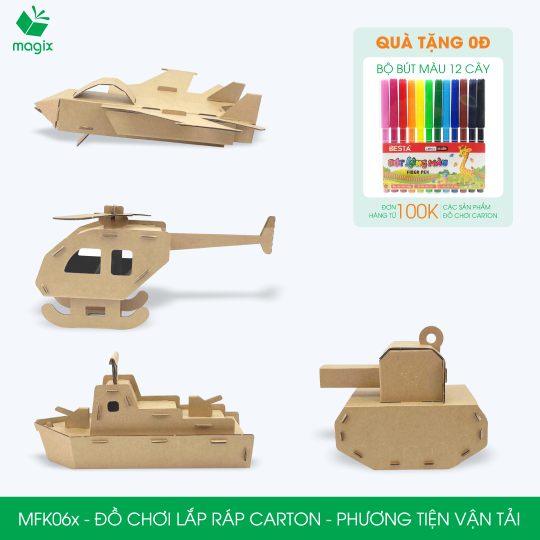 MFK06.CB01 - Combo 4 đồ chơi lắp ghép mô hình 3D giấy carton - xe tăng, tàu chiến, máy bay, trực thăng