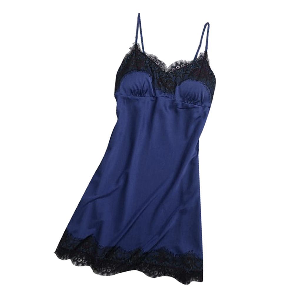 2x Ladies V-Neck Pajama Sleeveless Black Lace Trim Lingerie Sleepwear Dress
