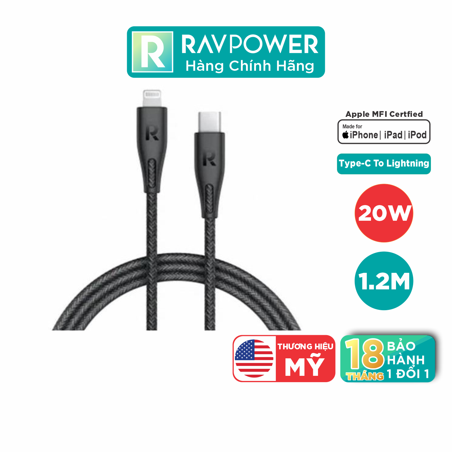 Dây Cáp Sạc Type C To Lightning 20W Chuẩn MFI C94 Sạc Nhanh Cho iPhone, cho iPad Dây Nylon Sêu Bền Dài 1.2m RAVPower RP-CB1017 - Hàng Chính Hãng