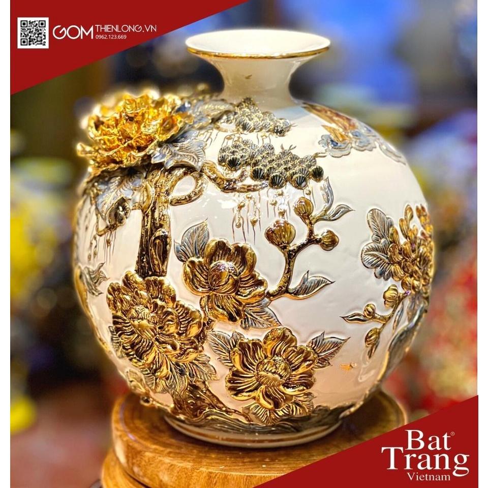 Bình Hút Lộc Mã Đáo Thành Công Màu Trắng - Vẽ Vàng Đắp Nổi Hàng Kỹ - Bình Tài Lộc Bát Tràng -Gốm Thiên Long