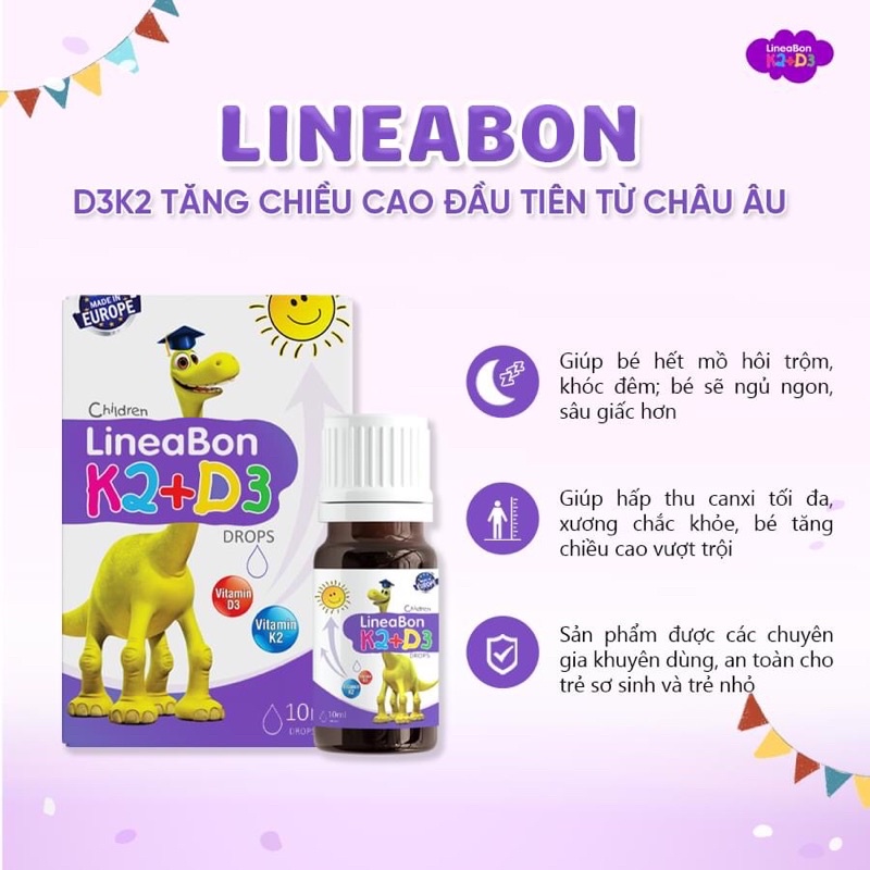 Vitamin k2 d3 Lineabon từ Châu Âu chứa MK7 giúp hấp thụ calci – Hỗ trợ hấp thu canxi tự nhiên cho trẻ, giúp tăng chiều cao, hết còi xương - Hết ngay khóc đêm, trằn trọc, mồ hôi trộn