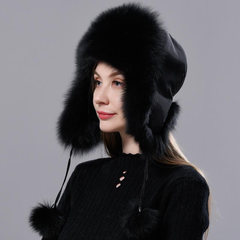 Tự Nhiên Cáo Lông Hàng Không Nga Nón Tai Ushanka Nữ Mùa Đông Ấm Lông Tơ Nữ Thời Trang Đuôi Nắp Thật Thời Trang Lông Thú nón