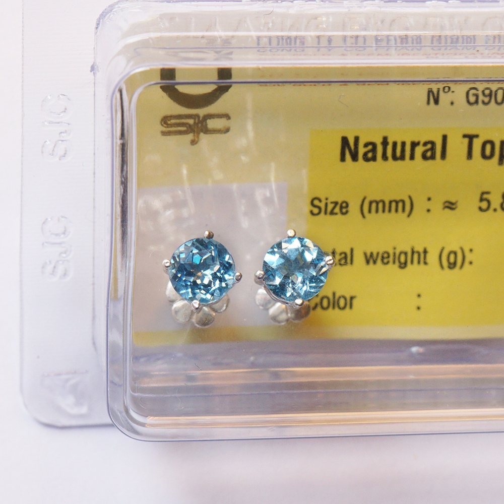 Bông Tai Topaz Hoàng Ngọc Mài Giác Tròn 6mm Kiểm Định