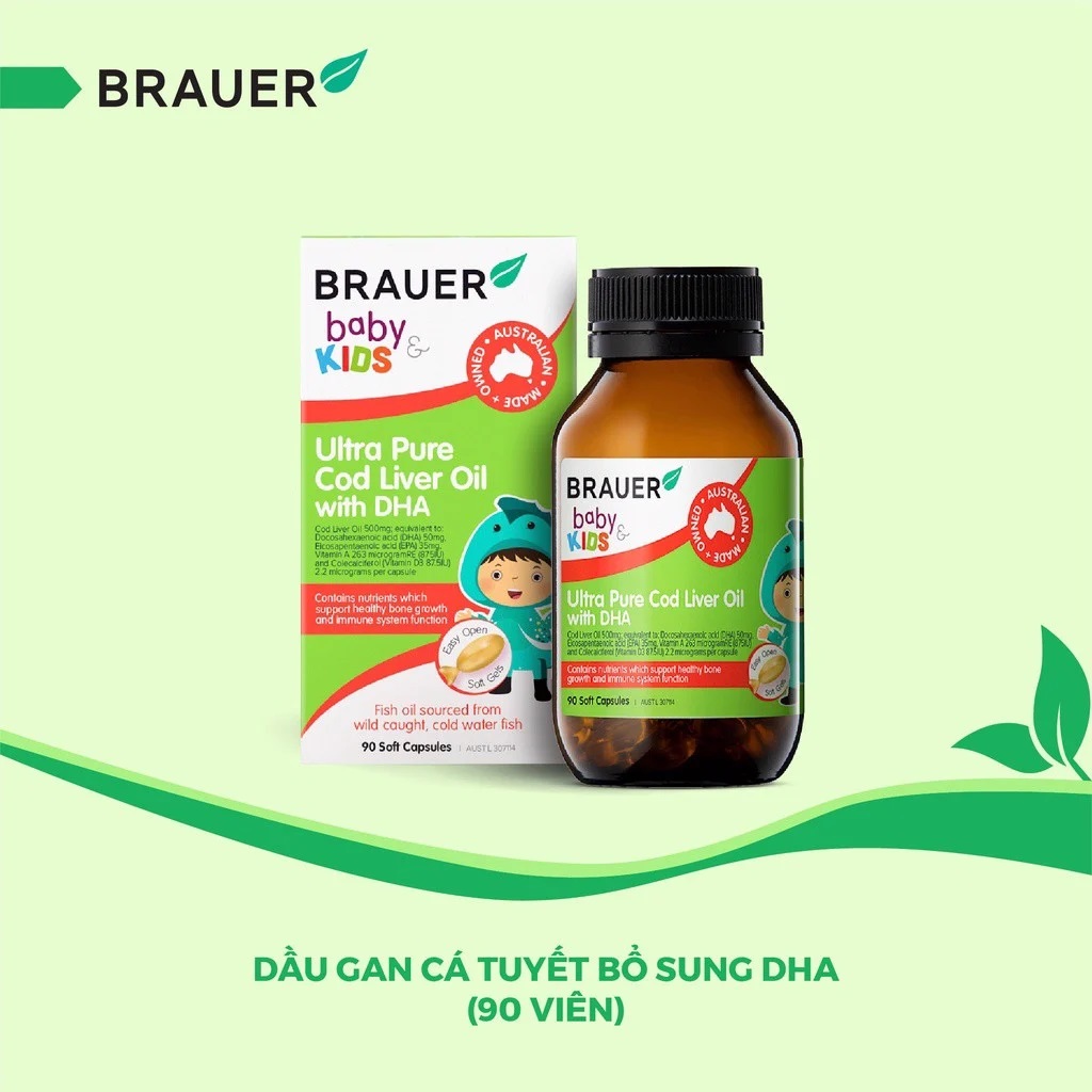 DHA dầu cá tuyết tinh khiết cho trẻ sơ sinh, trẻ nhỏ Brauer DHA Úc giúp phát triển trí não, tăng khả năng tập trung, cải thiện thị lực-OZ Slim Store