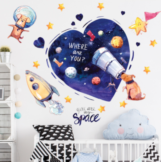 Decal trang trí tường - Khám phá vũ trụ cùng những chú cún
