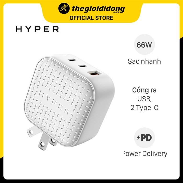 Adapter Sạc 3 cổng USB Type C PD QC3.0 GaN 66W HyperJuice HJ265 Trắng - Hàng chính hãng