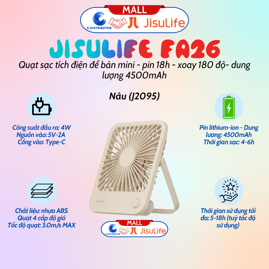Quạt tích điện mini để bàn Jisulife FA26 - pin 4500mah pin 18 giờ, xoay 180 độ - Hàng chính hãng