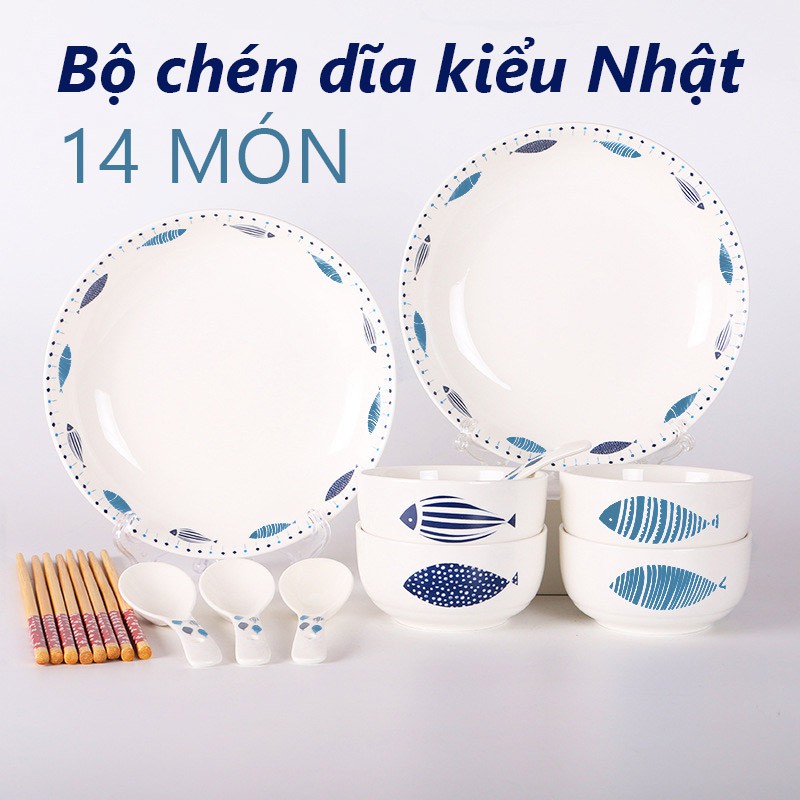 Bộ Chén Dĩa Sứ Kiểu Nhật Hình Con Cá 14 Món Sang Trọng Fullbox - Chính Hãng