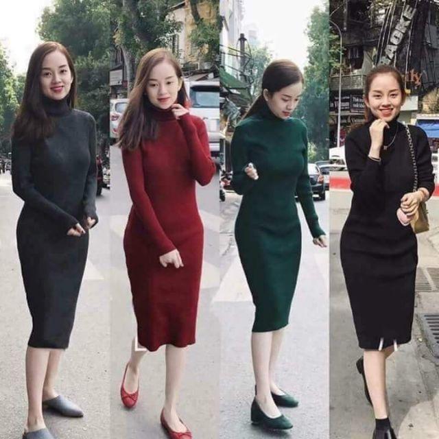 Đầm thun gân tay dài cổ lọ