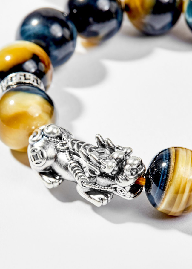 Vòng Tay Phong Thủy Nam Đá Mắt Chim Ưng Phối Charm Tỳ Hưu Bạc  Mệnh Thủy, Mộc Ngọc Quý Gemstones