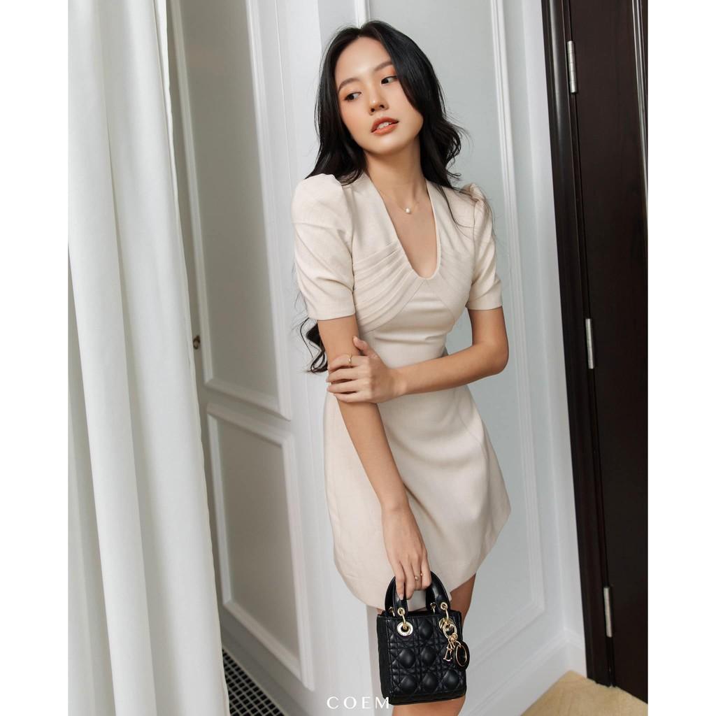 Đầm Dáng Chữ A Xếp Ly Ngực Tay Phồng Màu Trắng Sữa Chất Liệu Linen Premium CO EM Thiết Kế Phù Hợp Công Sở Dạo Phố