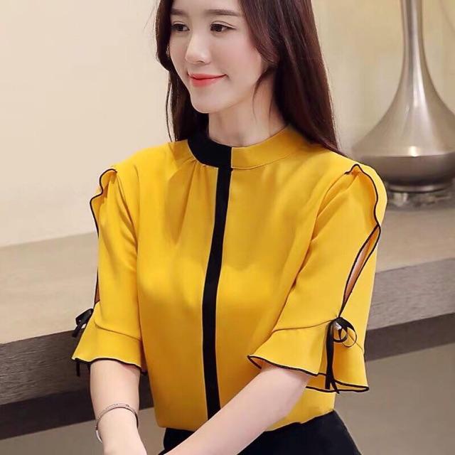 Áo sơ mi cổ tròn phối đen tay lỡ cánh tiên SMCC20