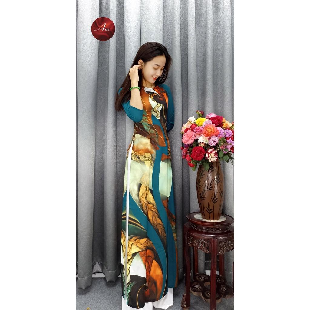 Áo dài nữ họa tiết nền xanh lụa nhật cao cấp mềm mịn - Áo dài Airi