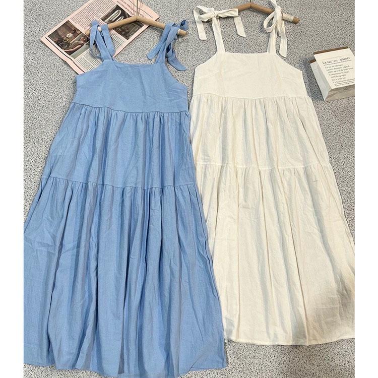 Đầm 2 dây thắt nơ vai chất đũi form rộng Váy babydoll đuôi cá siêu xinh