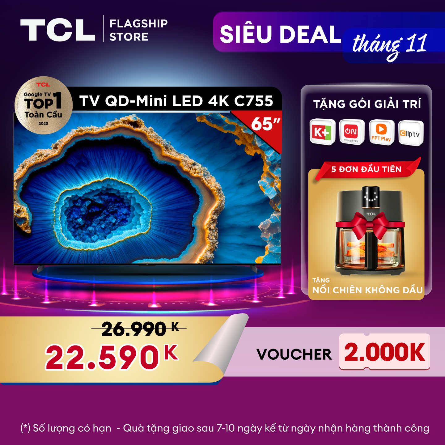 TCL 65C755 QD-Mini LED 4K TV - Tivi 65inch - Hàng chính hãng - Bảo hành 2 năm