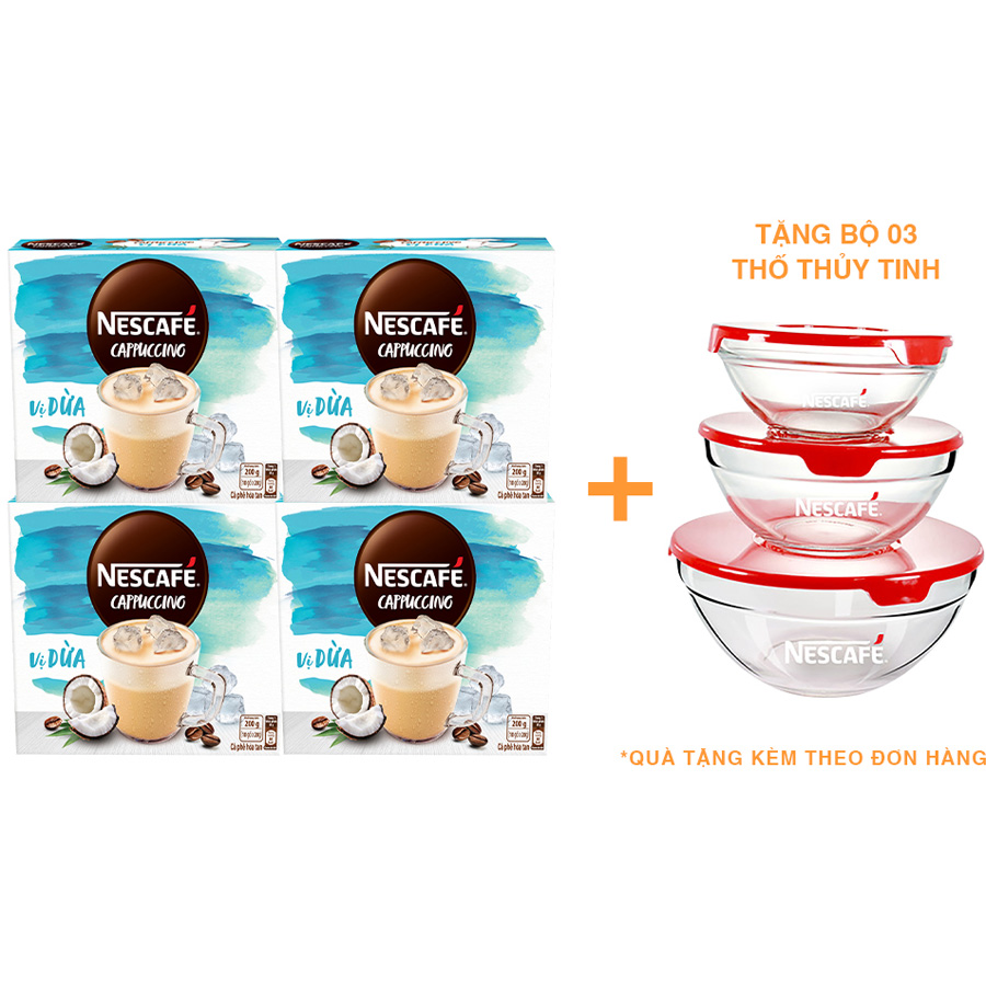 Combo 4 hộp cà phê hòa tan Nescafé Cappuccino vị dừa (Hộp 10 gói x 20g) - [Tặng bộ 3 thố thuỷ tinh Nescafé]