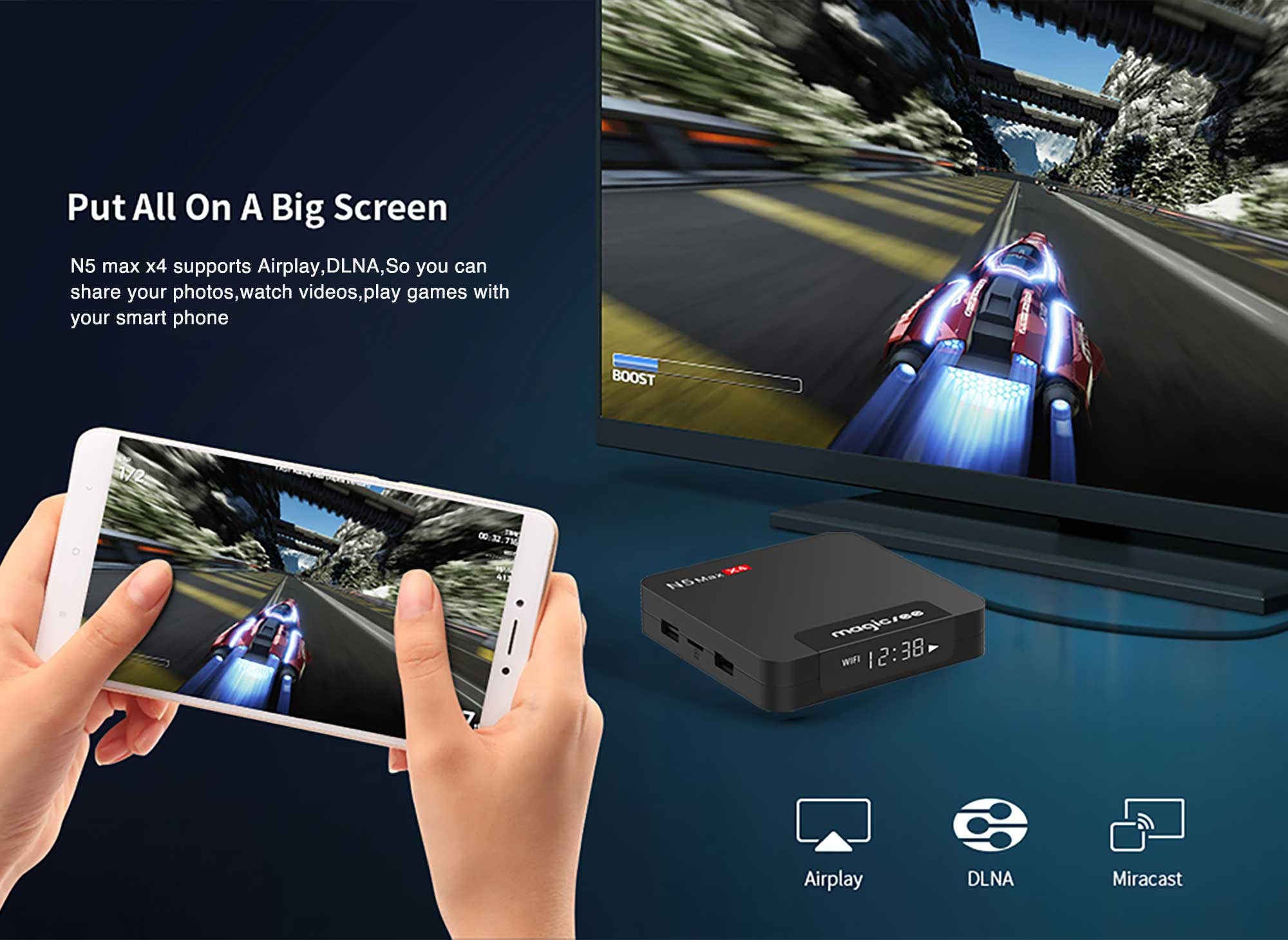 Android tivi box magicsee n5 max x4 Rom 64G Ram 4G  điều khiển giọng nói tiếng Việt kiêm bàn phím chuột bay có đèn nền wifi 2 băng tần bluetooth S905X4 cài sẵn phim, truyền hình cáp miễn phí vĩnh viễn - Hàng nhập khẩu