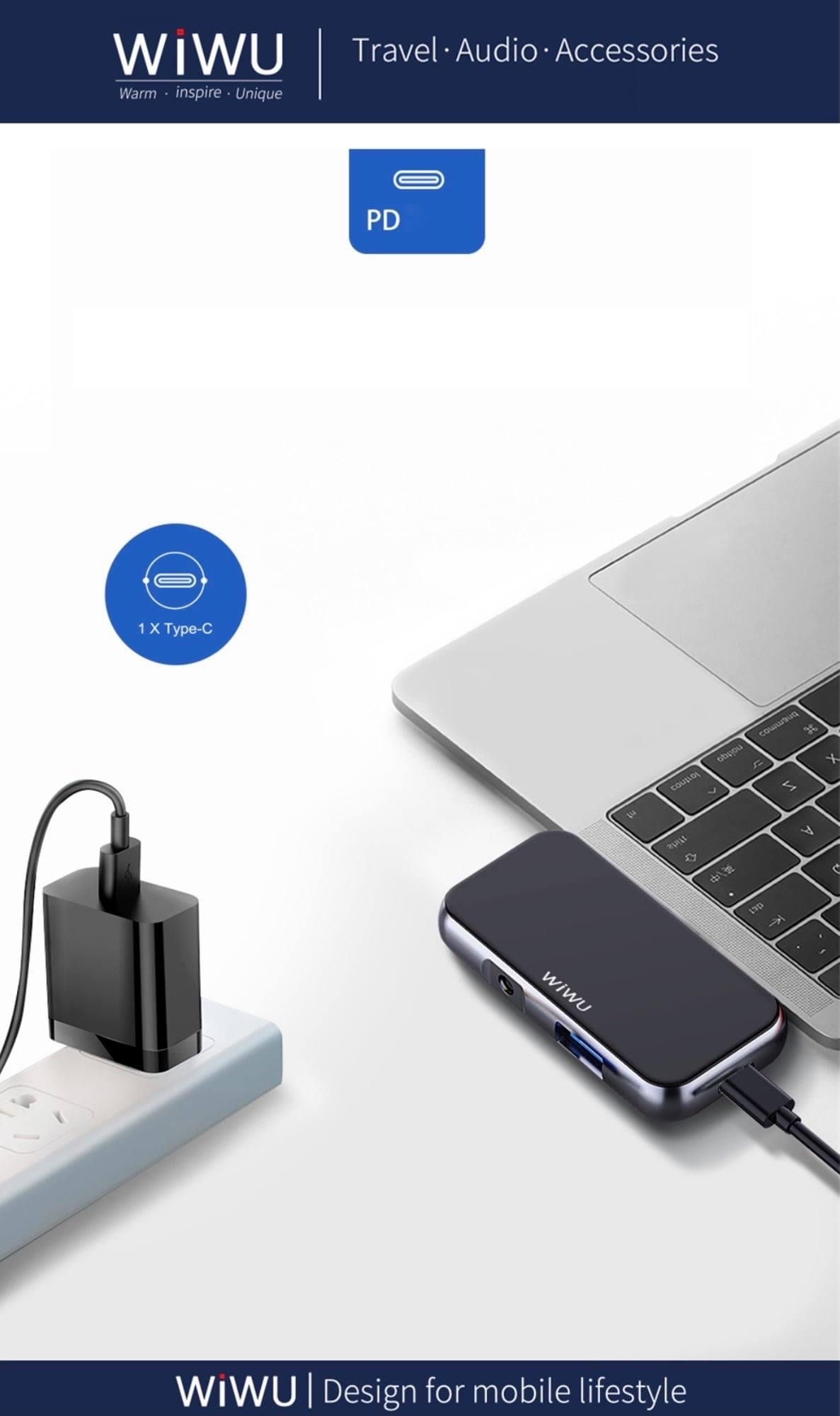 Hub WiWu Alpha 4 In 1 USB-C T5 Pro Vỏ Hợp Kim Nhôm, Cảm Ứng Thoải Mái, Mở Rộng Nhiều Cổng - Hàng Chính Hãng