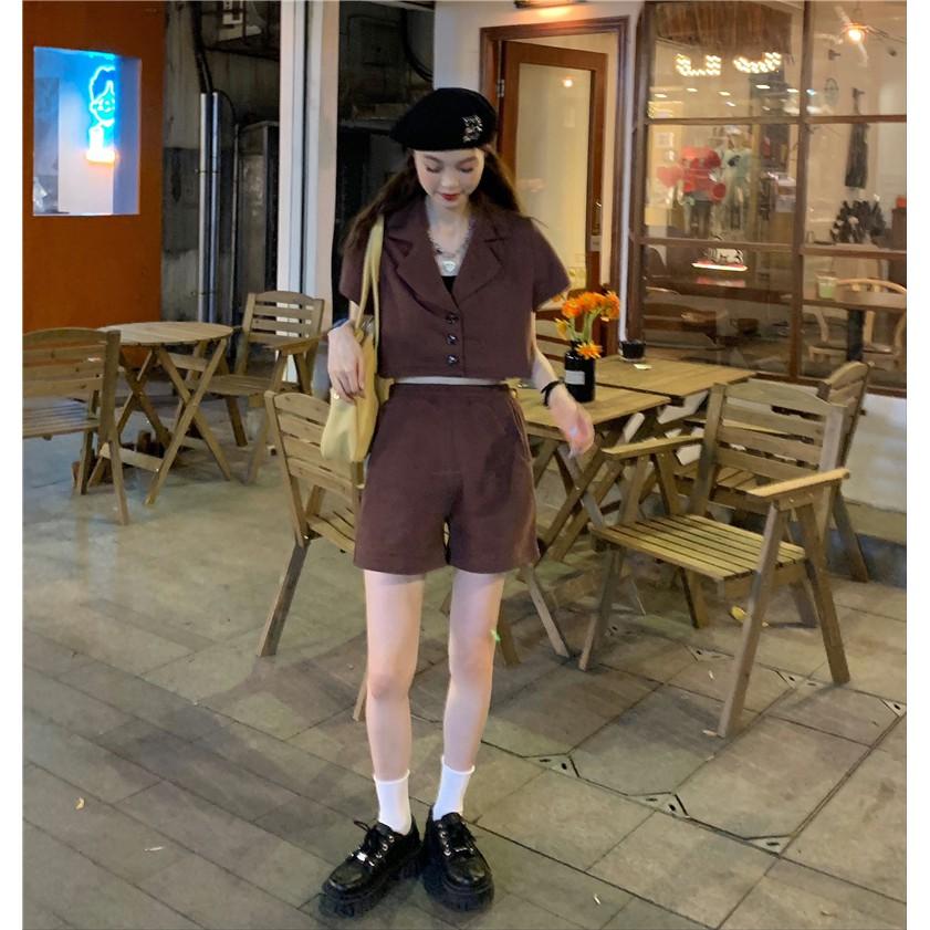 Set Bộ Quần Áo Ngắn Croptop Cổ Vest Ulzzang