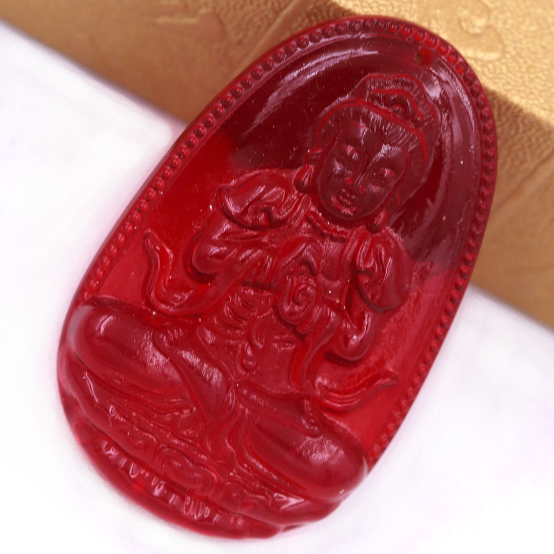 Mặt Phật Đại nhật như lai pha lê đỏ 1.9cm x 3cm  kèm vòng cổ dây cao su đen + móc inox vàng, Phật bản mệnh, mặt dây chuyền