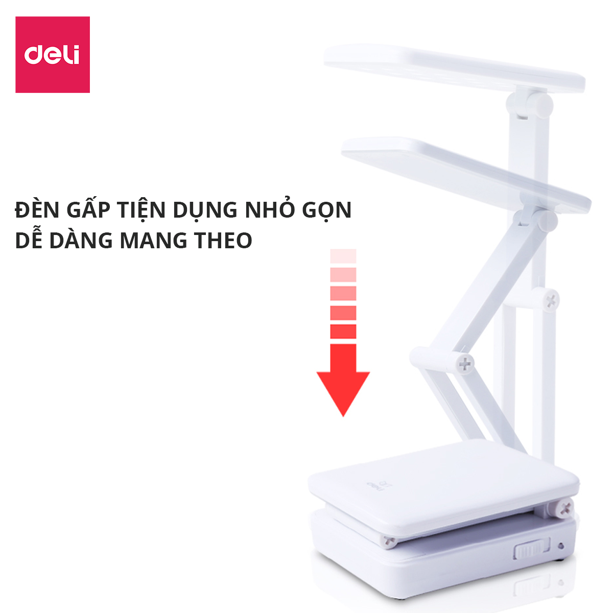 Đèn học để bàn tích điện gấp gọn Deli - 2 mức độ sáng -Đọc sách, làm việc (Học sinh, Sinh viên, Văn phòng) - 3676