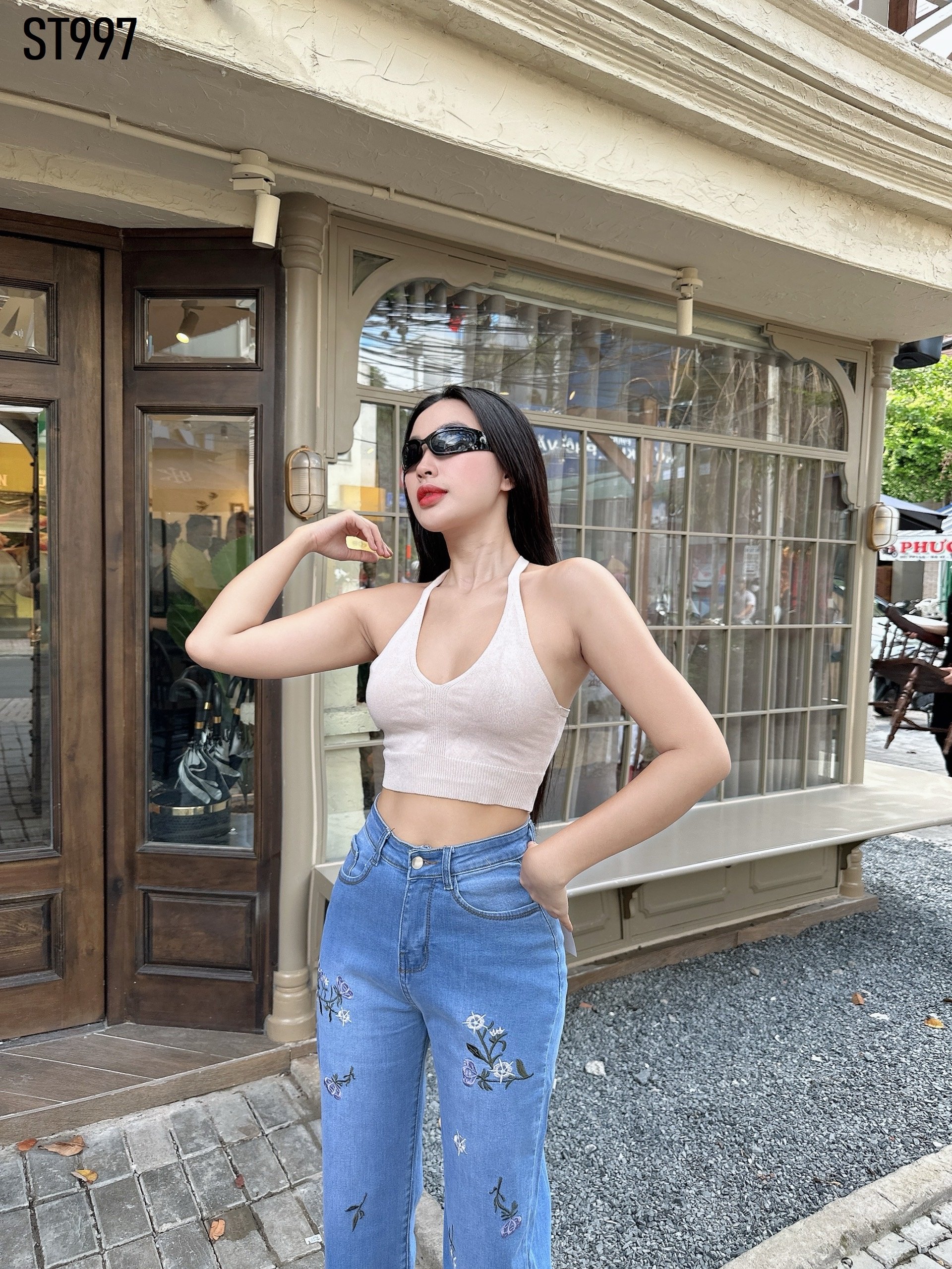 Quần Jeans Nữ Ống Suông Dài Thêu Hoa Lưng Cao Chất Jeans Co Giãn 4 Chiều