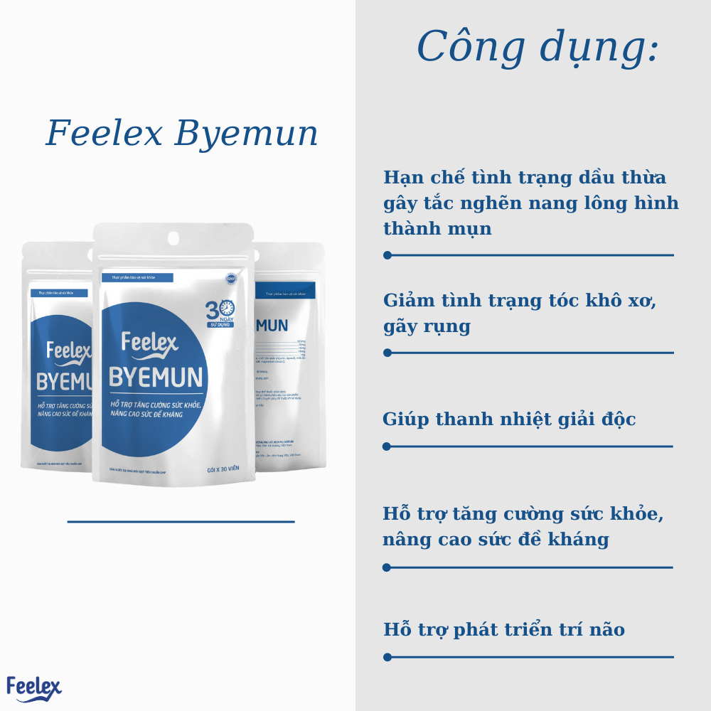 Viên uống Feelex Byemun Giảm Mụn viêm, Ẩn, Thâm, Đầu Đen Cho Da Dầu Mụn Bổ sung Kẽm ZinC,vitamin C gói 30 viên