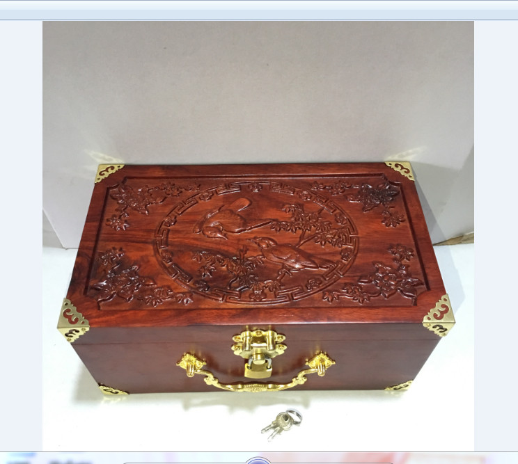 Hộp đựng con dấu - đựng đồ trang sức chạm chim phương bằng gỗ hương size 24cm - kèm khóa mini