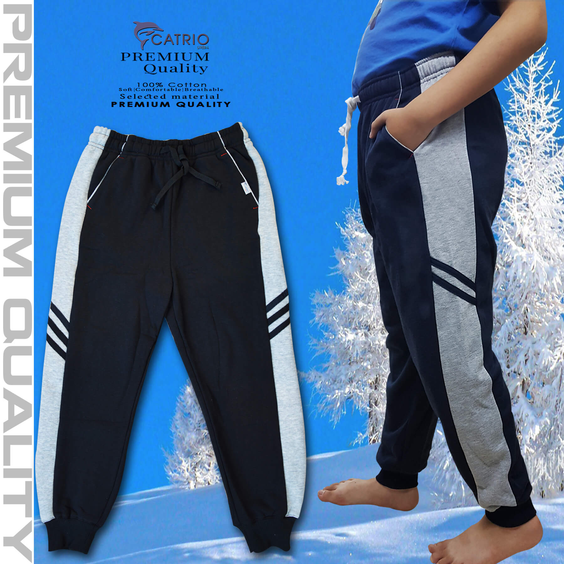 Quần thun dài bé trai vải 100% cotton PHỐI SƯỜN màu ĐEN pha XÁM là quần nỉ trẻ em CATRIO từ 9 tuổi đến 18 tuổi phù hợp thời tiết se lạnh mùa thu đông với kiểu dáng thể thao tuyệt đẹp