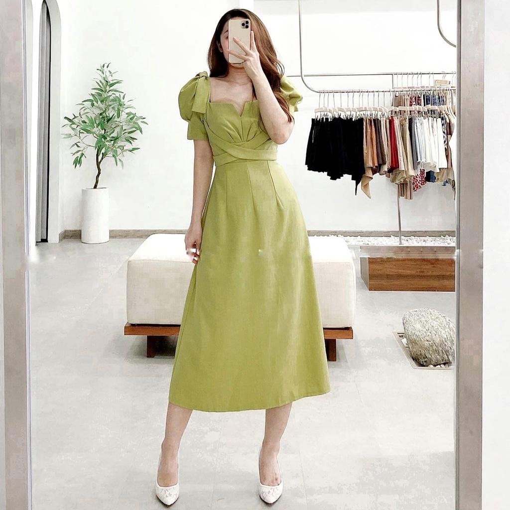 Váy Đầm xanh cốm dây đan chéo nơ vai