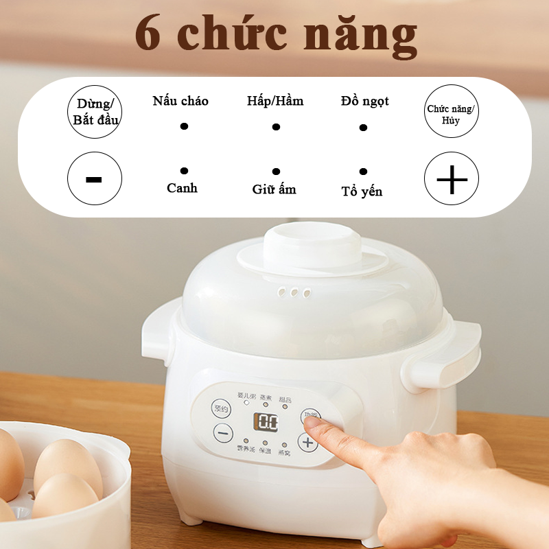 Nồi Nấu Cháo Chậm Chưng Yến Cho Bé 6 Chức Năng Dung Tích 1L Có Lồng Hấp Nồi Nấu Chậm Nấu Cháo Hầm Hấp Chưng Yến Cách Thủy Lõi Sứ Trắng Tỏa Nhiệt Đều Hẹn Giờ 12h Tiện Lợi