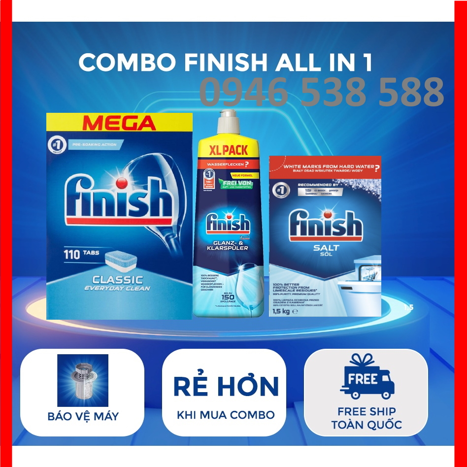 Combo Viên rửa bát Finish Classic 120 viên + Muối Finish 4kg + Nước làm bóng Finish 400ml hương chanh
