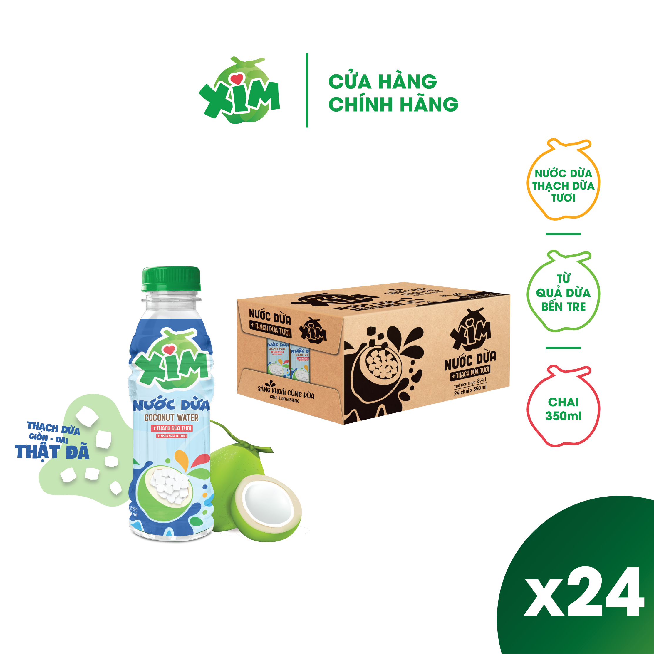 Thùng 24 Chai Nước Dừa Xim Có Thạch Chai PET 350ml