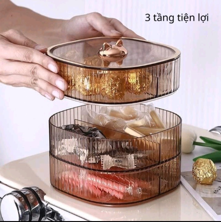 Khay Đựng Bánh Kẹo Mứt Tết 3 Tầng Có Nắp Mèo Siêu Xinh