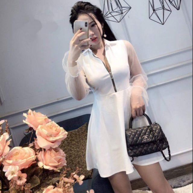 Đầm xòe tay dài voan lưới nhũ