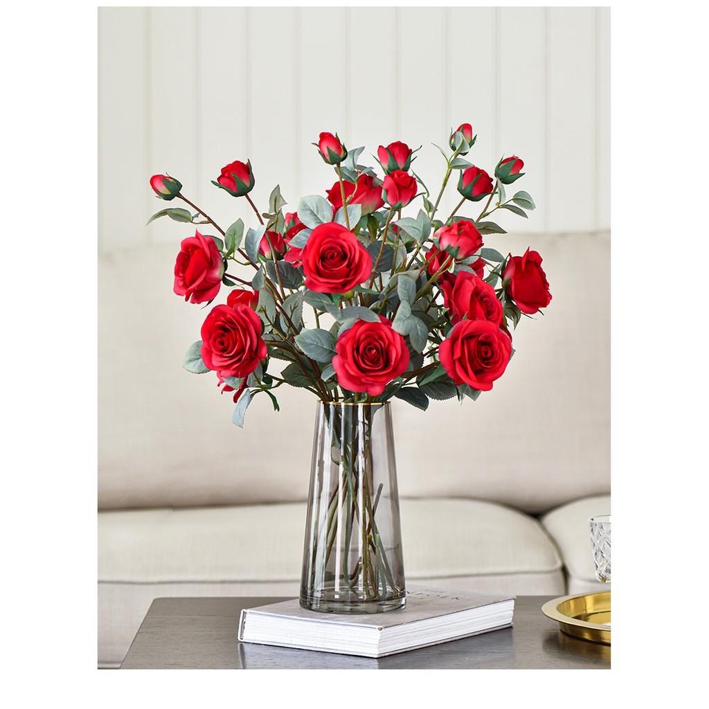 Hoa lụa cao cấp, cành 4 bông hoa hồng Pháp decor phòng khách, trang trí nội thất sang trọng