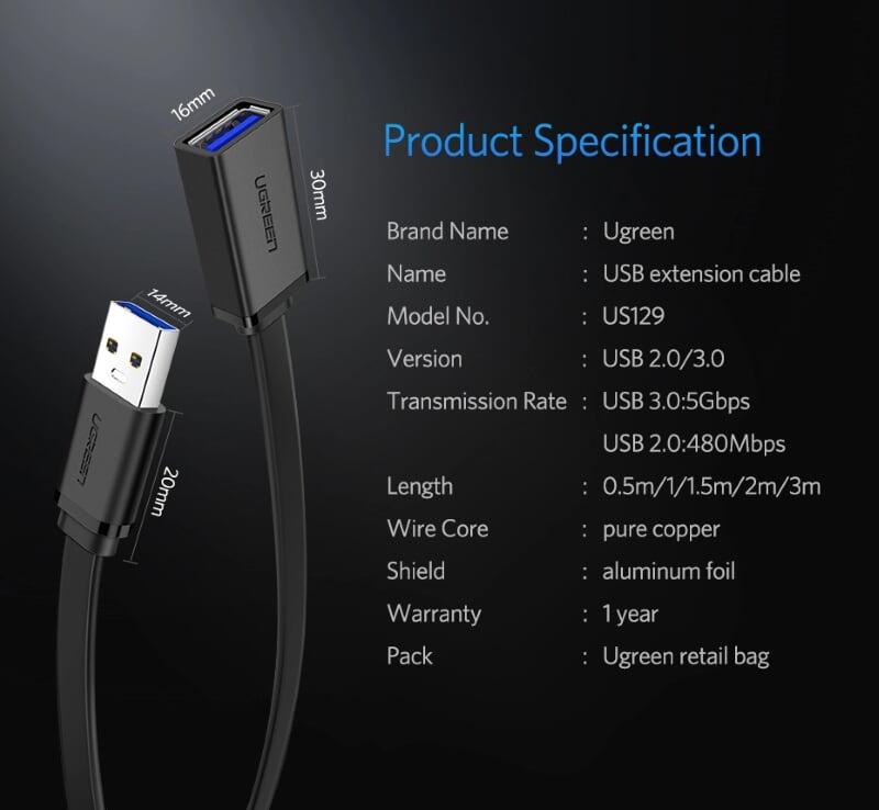 Ugreen UG30128US129TK 0.5M màu Đen Cáp tín hiệu nối dài USB 3.0 dáng dẹt cao cấp - HÀNG CHÍNH HÃNG